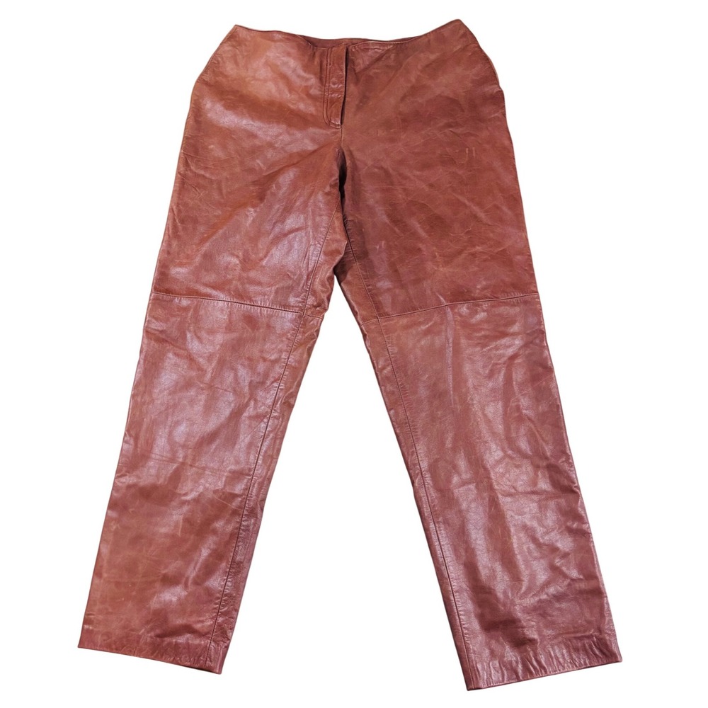 Y2k Vintage‎ Venezia Brown Genuine Leather Distressed Straight Leg Pants Size 14